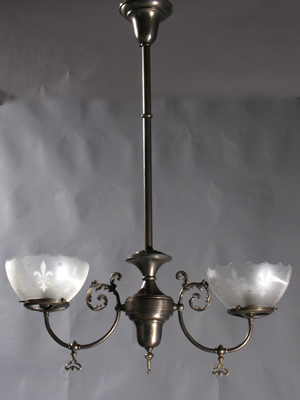 2-Light Gas Chandelier w/ Cut Glass & Deep Etched Gas Shades